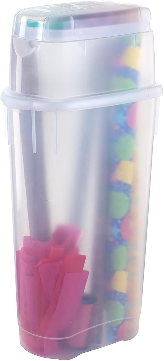 Rubbermaid Wrap N' Craft Plastic Wrapping Paper Organizer Storage Container with Top Ornament Storage Compartment for 20 Standard 30 Inch Rolls. Clear