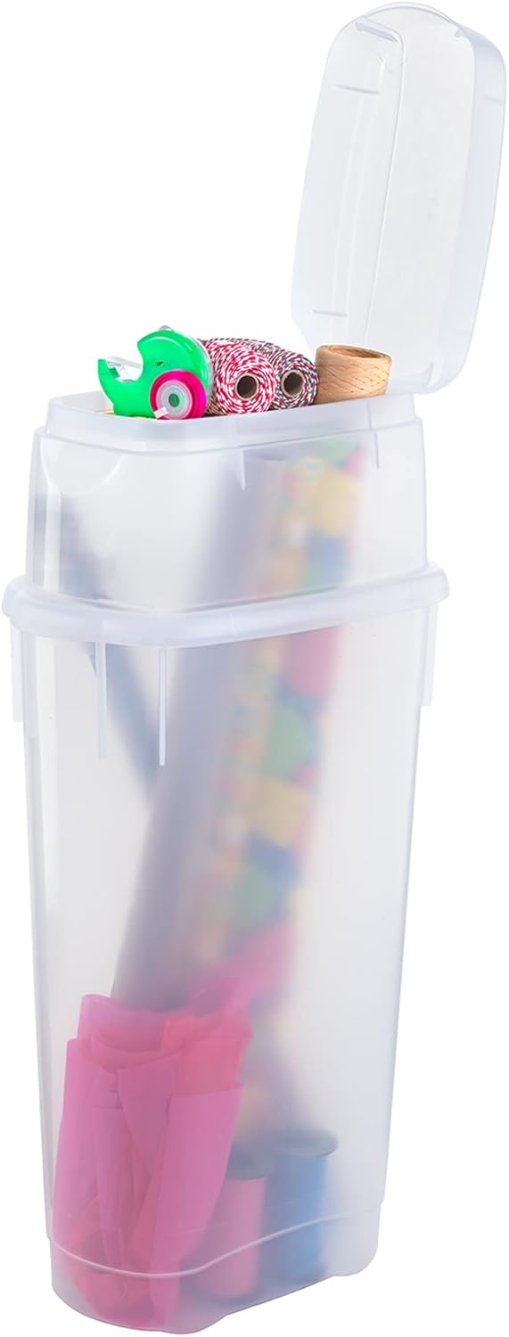 Rubbermaid Wrap N' Craft Plastic Wrapping Paper Organizer Storage Container with Top Ornament Storage Compartment for 20 Standard 30 Inch Rolls. Clear