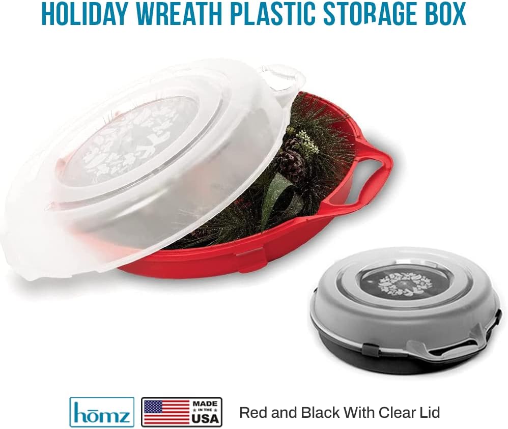 HOMZ 3-Pack Seasonal Holiday Decorative Wreath Storage Organizer. 24 Inch. Red & Clear - Round Plastic Christmas Decoration Holder for Wreaths and Garlands w/ 4-Way Latches Built-In Handle
