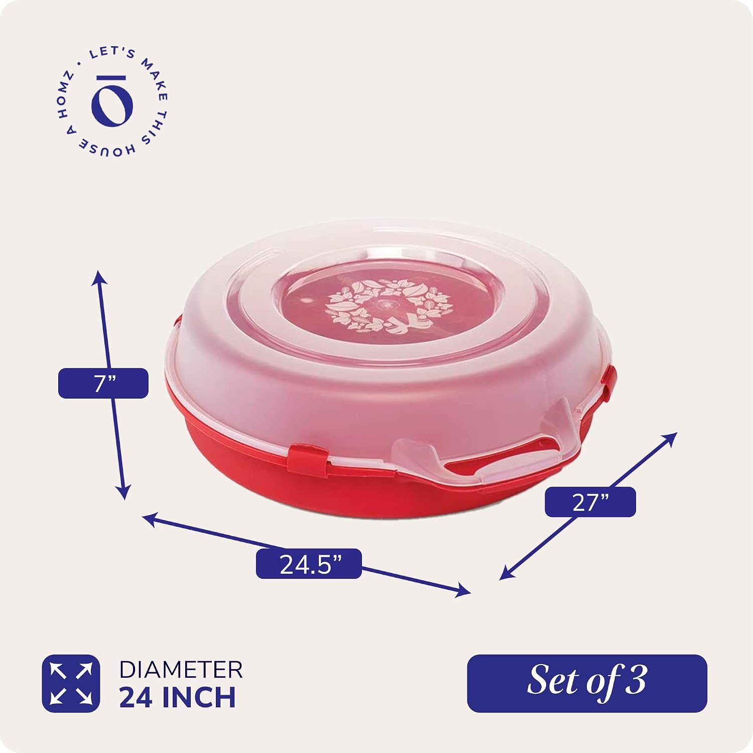 HOMZ 3-Pack Seasonal Holiday Decorative Wreath Storage Organizer. 24 Inch. Red & Clear - Round Plastic Christmas Decoration Holder for Wreaths and Garlands w/ 4-Way Latches Built-In Handle