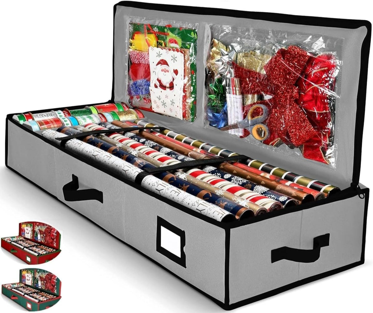 Gift Wrap Organizer. Christmas Wrapping Paper Storage Bag w/Useful Pockets for Xmas Accessories. Fits Upto 24 Rolls. Underbed Storage for Holiday Decorations. Large Capacity Storage Box