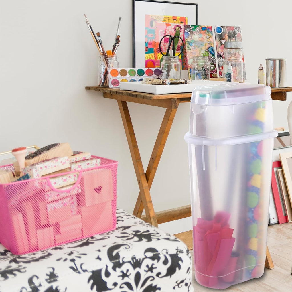 Rubbermaid Wrap N' Craft Plastic Wrapping Paper Organizer Storage Container with Top Ornament Storage Compartment for 20 Standard 30 Inch Rolls. Clear