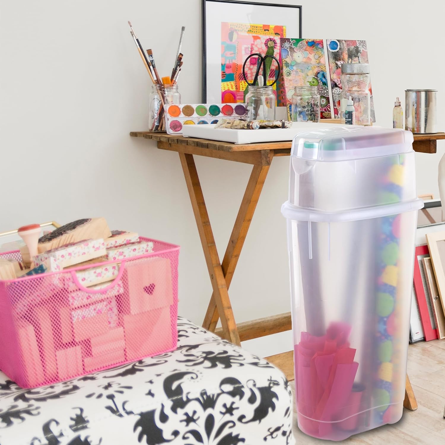 Rubbermaid Wrap N' Craft Plastic Wrapping Paper Organizer Storage Container with Top Ornament Storage Compartment for 20 Standard 30 Inch Rolls. Clear