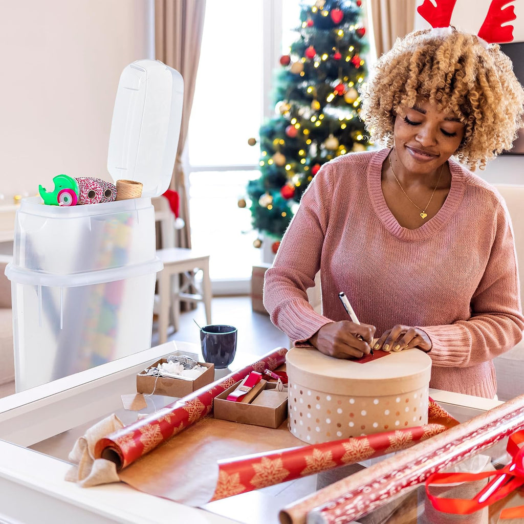 Rubbermaid Wrap N' Craft Plastic Wrapping Paper Organizer Storage Container with Top Ornament Storage Compartment for 20 Standard 30 Inch Rolls. Clear