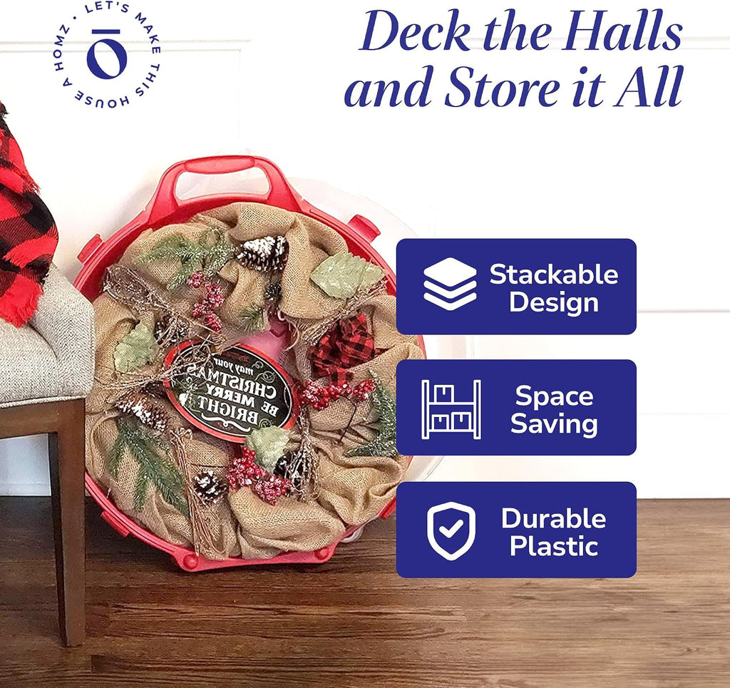 HOMZ 3-Pack Seasonal Holiday Decorative Wreath Storage Organizer. 24 Inch. Red & Clear - Round Plastic Christmas Decoration Holder for Wreaths and Garlands w/ 4-Way Latches Built-In Handle