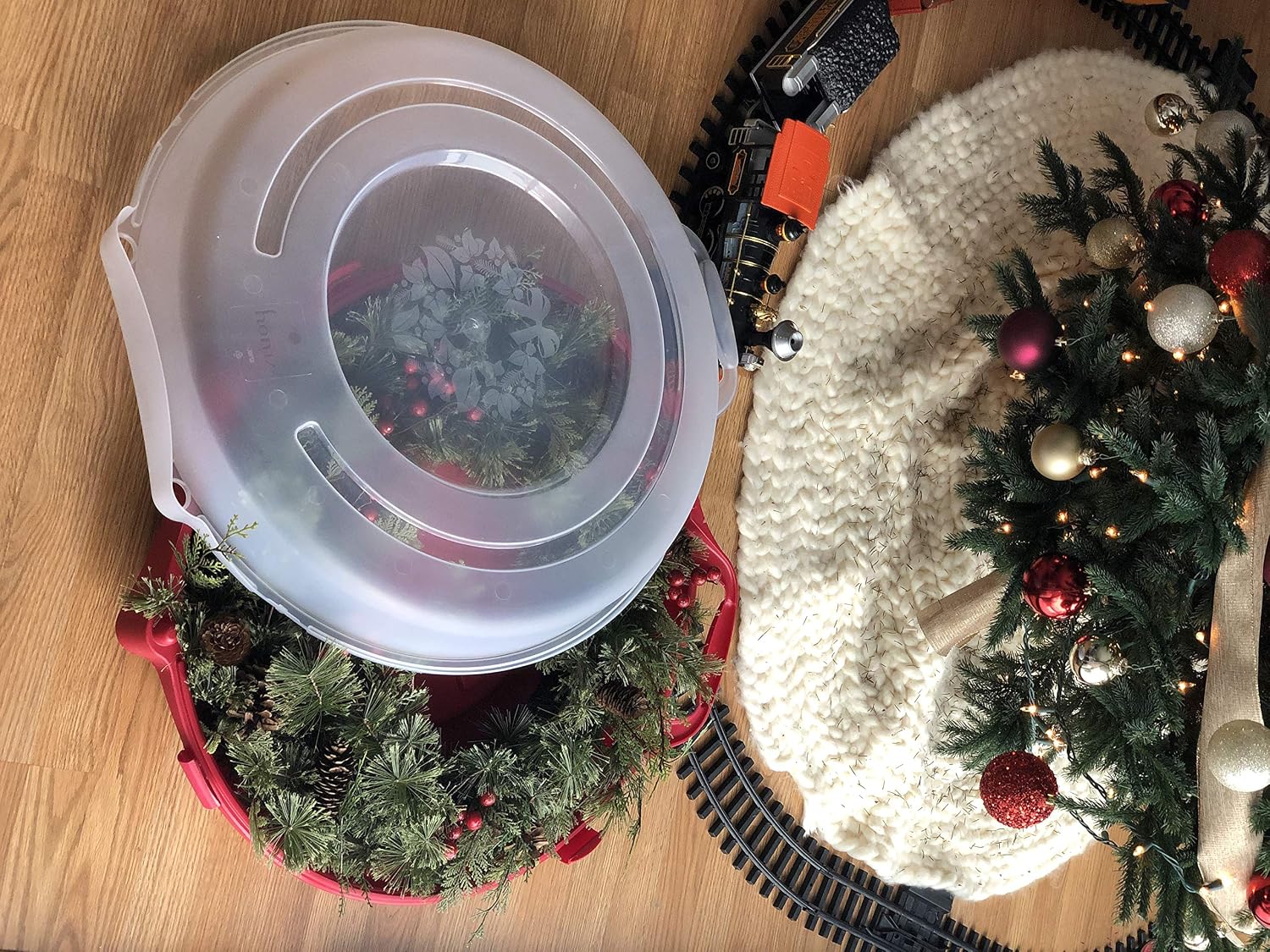 HOMZ 3-Pack Seasonal Holiday Decorative Wreath Storage Organizer. 24 Inch. Red & Clear - Round Plastic Christmas Decoration Holder for Wreaths and Garlands w/ 4-Way Latches Built-In Handle
