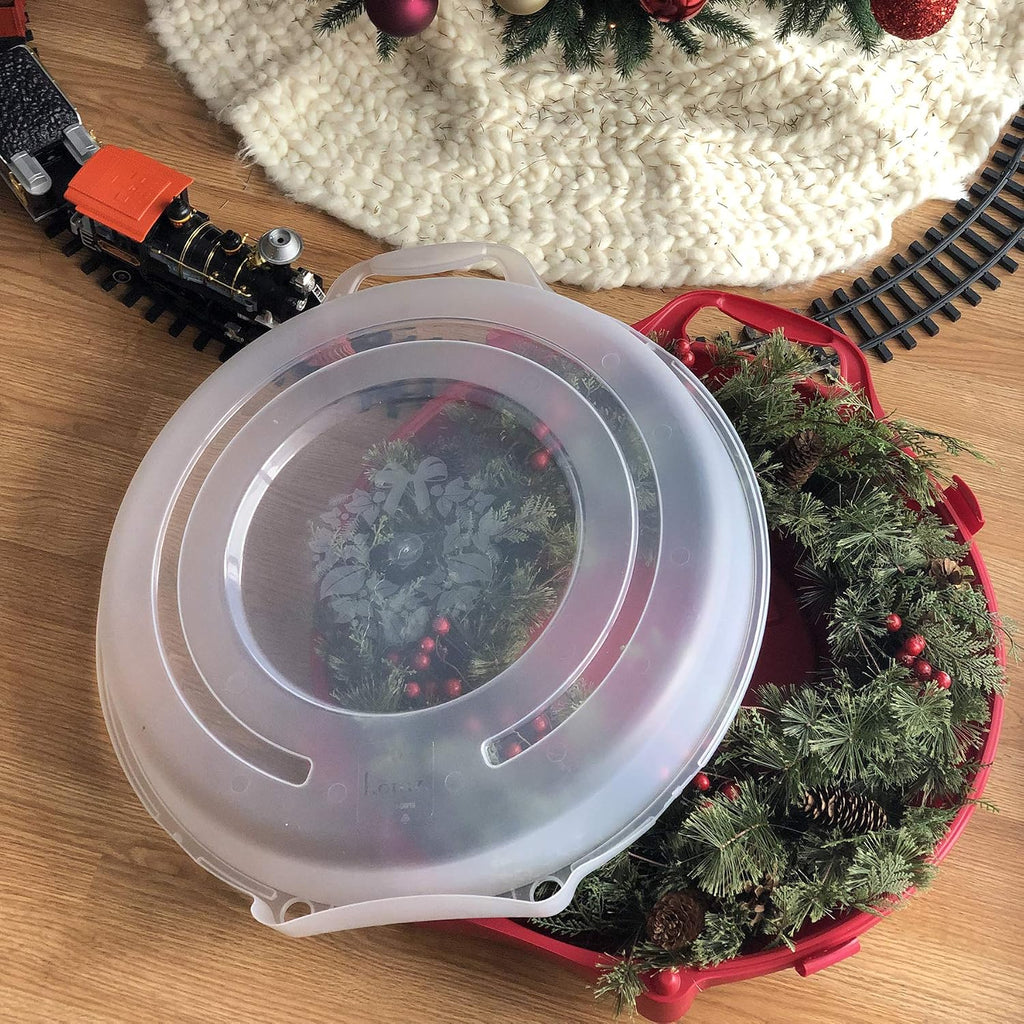 HOMZ 3-Pack Seasonal Holiday Decorative Wreath Storage Organizer. 24 Inch. Red & Clear - Round Plastic Christmas Decoration Holder for Wreaths and Garlands w/ 4-Way Latches Built-In Handle