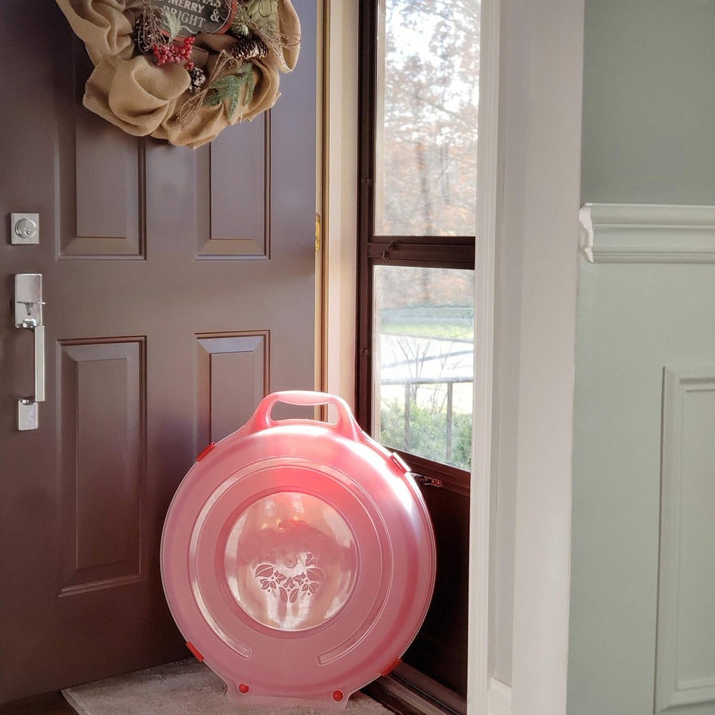HOMZ 3-Pack Seasonal Holiday Decorative Wreath Storage Organizer. 24 Inch. Red & Clear - Round Plastic Christmas Decoration Holder for Wreaths and Garlands w/ 4-Way Latches Built-In Handle