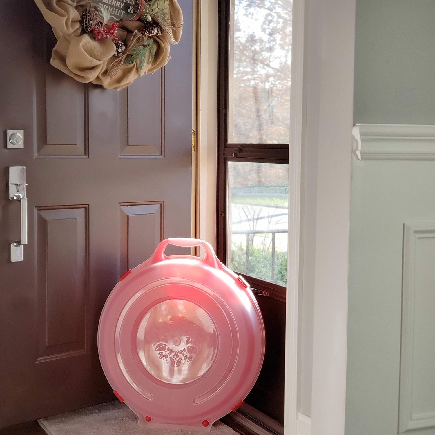 HOMZ 3-Pack Seasonal Holiday Decorative Wreath Storage Organizer. 24 Inch. Red & Clear - Round Plastic Christmas Decoration Holder for Wreaths and Garlands w/ 4-Way Latches Built-In Handle